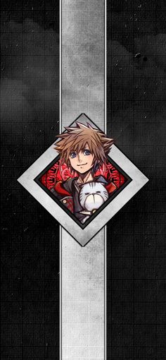 an anime character is standing in front of a black and white background with red accents