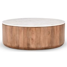 a white marble top coffee table with wooden legs and an oval design on the bottom