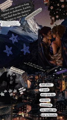 a couple kissing in the middle of a night time scene with text bubbles above them