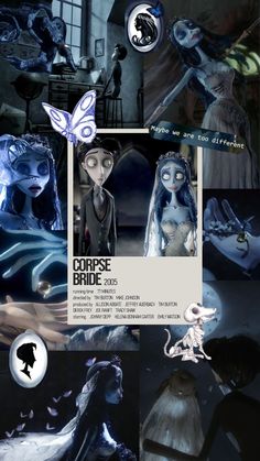 an image of a collage of images with the words corpse bride written in black and white