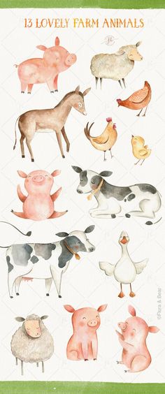 the farm animals are painted in watercolor and then have been drawn to look like they are