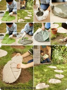 a collage of photos showing how to make stepping stones in the garden with leaves