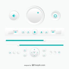 a set of different buttons and controls on a white background with green trimmings