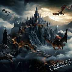 an image of a castle on top of a mountain with dragon flying over it in the sky