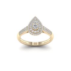 Ring showcases a pear-shaped cluster of shimmering diamonds at its center. Crafted in 10k Yellow Gold, frames of smaller diamonds surrounds the center cluster. On your day, the coordinating diamond-lined wedding band fits snuggly beneath the engagement ring, completing the ensemble. Size: 7.5. Gender: female. Age Group: adult. Classic Pear-shaped Diamond Ring With Pave Setting, Gold Teardrop Diamond Ring With Halo Setting, Gold Diamond Teardrop Ring With Halo Setting, Pear-shaped Halo Diamond Ring For Anniversary, Anniversary Pear-shaped Halo Diamond Ring, Pear-shaped Diamond Ring With Halo Setting For Anniversary, Pear Shaped Diamond Ring With Halo Setting For Anniversary, Diamond White Pear-shaped Halo Diamond Ring, Pear-shaped Halo Diamond Ring In Diamond White