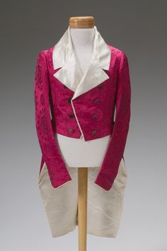 Gentleman's Dress Coat  circa 1825-1830    Unknown American Maker    Place object was created: United States	    Silk, polished cotton, velvet 1830 Dress, Coat Tails, Fashion Innovation, Beau Brummell, Damask Dress