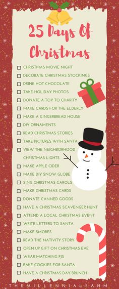 the 25 days of christmas list with snowman and candy canes on it's side