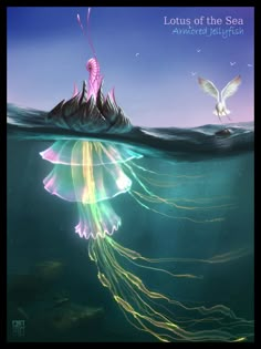 a jellyfish swimming in the ocean with a bird flying over it and another creature nearby