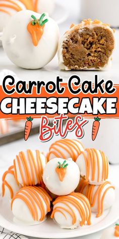 carrot cake cheesecake bites on a plate with the title overlay reads carrot cake cheesecake bites