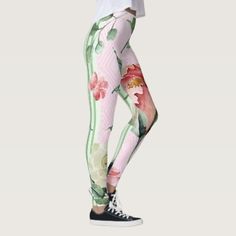 Floral Pink Green Stripe Pastel Leggings Pastel Leggings, Yoga Products, Unique Leggings, 50 And Fabulous, Workout Outfits, Floral Leggings, Floral Stripe, Sport Wear, Green Stripes