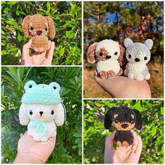 there are four different pictures of small stuffed animals in the same photo, each with a dog on it's head