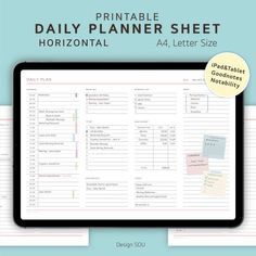 the printable daily planner sheet is shown on top of a computer screen with notes attached to it