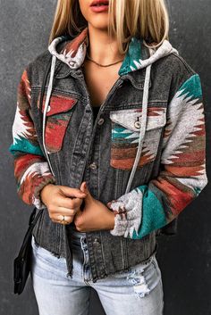 Southwestern Aztec Drawstring Hooded Pocketed Denim Jacket ⚡Use code PIN15 at checkout for 15% off! ⚡ www.baharanchwesternwear.com #fallfashion #fall #fallweather #fallwesternoutfit #falloutfit #western #cowgirl #zipup #aztec #aztecprint Elevated Fashion, Boho Mode, Boho Styl, Western Wear Outfits, Hooded Denim Jacket, Mode Boho, Denim Clothing, Timeless Chic, Women Jackets