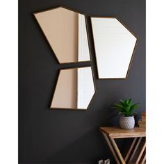 three mirrors mounted to the side of a wall next to a table with a potted plant