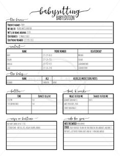 the babysitting form is shown in black and white