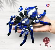 a hand holding a blue and white spider