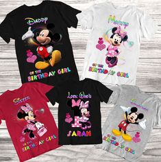 three mickey mouse birthday shirts with hearts and the name minnie on them, all in different colors