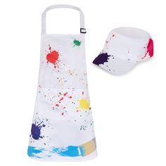 an apron with paint splattered on it and a visor for the hat