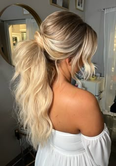 Mid-high power ponytail inspiration Dressy Hair Updos, Blake Lively Hair Ponytail, Updo With Ponytail Extension, Big High Ponytail, Messy Bridal Ponytail, High Formal Ponytail, High Bridal Ponytail, Voluminous Ponytail Wedding, Wedding Hair Ponytail With Veil