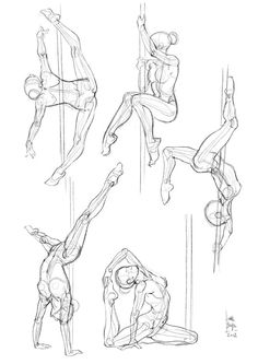 some drawings of people hanging upside down and doing different things in the air with their hands