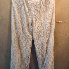 Elan Lined Lace Pants. Never Worn Full Length Lace Pants, Spring Lace Long Pants, Spring Full Length Lace Bottoms, Non-stretch Lace Pants For Spring, Spring Lace Trousers, Lace Trousers For Spring, White Lace Casual Pants, Casual Lace Wide Leg Bottoms, Lace Pants