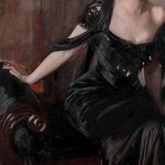 a painting of a woman in a black dress sitting on a chair with her hands behind her back