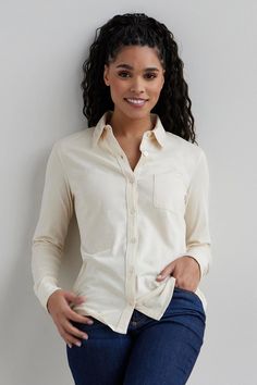 Women's 100% Cotton Knit Button Down Shirt | Fair Indigo Casual Long Sleeve Organic Cotton Shirt, Effortless Long Sleeve Cotton Top, Everyday Shirt With Button Closure, Cotton Button-up Tops For Casual Gatherings, Versatile Cotton Tops With Buttons, Effortless Long Sleeve Cotton Shirt, Effortless Long Sleeve Shirt For Everyday, Casual Loungewear Shirt With Button Closure, Effortless Long Sleeve Everyday Shirt