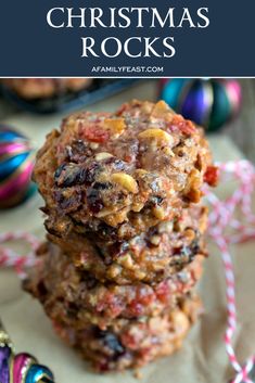 three cookies stacked on top of each other with the words christmas rocks in front of them