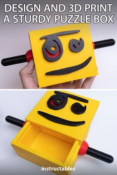 a yellow box with black eyes and mouth is shown in the shape of a smiley face