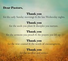 a thank card with the words dear pastors, thank you for the early sunday mornings & the late wednesday nights