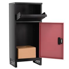 a black cabinet with a pink door and a brown box next to it on a white background