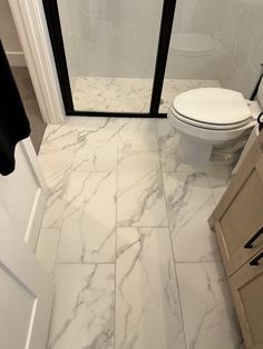 a white toilet sitting next to a walk in shower