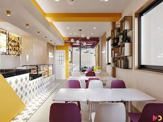 the interior of a restaurant with white tables and purple chairs