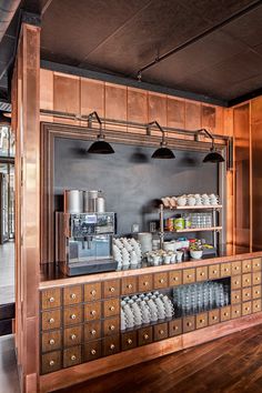 the interior of a coffee shop with lots of counter space