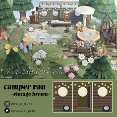 an image of a camper van in the woods with flowers and trees around it