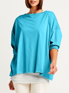 Classic crewneck, drop shoulders, boxy cut, and lovely drape. 100% cotton is exceptionally soft. Raw, unfinished edges. Boxy Tee, Color Balance, White Turquoise, Cotton Tee, Tunic Tops, Long Sleeve Blouse