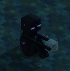 a pixellated image of a black cat holding a white object