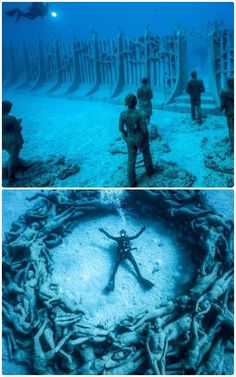 two pictures of people standing in the water with their arms spread out, and one is surrounded