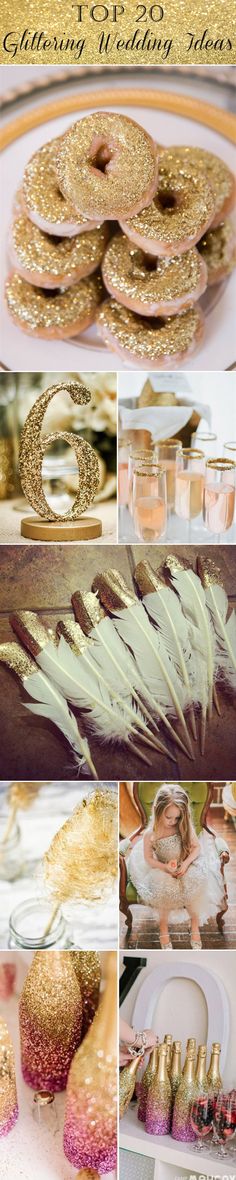 a collage of photos with gold and white items on it, including feathers, plates, cups, and napkins