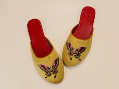 embroidered butterfly velvet mules in gold color Flight Outfit, Velvet Mules, Wedding Slippers, Clogs And Mules, Velvet Slippers, Special Gifts For Her, Wedding Flats, Embroidered Butterfly, Gold Velvet