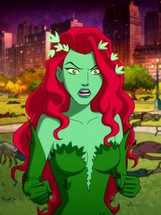 a woman with long red hair and green dress standing in front of a cityscape