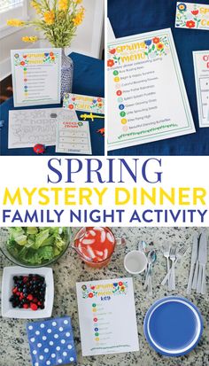 the spring mystery dinner family night activity is shown with flowers, plates and utensils