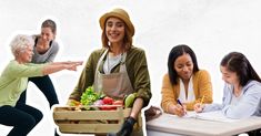 a group of women sitting around a table with vegetables and fruit in front of them