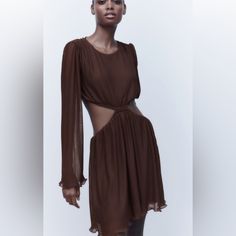 Zara Brown Cutout Dress Sz S Zara Printed Dress, Gauzy Dress, Rustic Dresses, Zara Maxi Dress, Zara Black Dress, Black Dress With Sleeves, Brown Long Sleeve, Embroidered Midi Dress, Mini Sundress