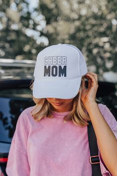 -Fun screen print lettering " Cheer Mom " -Seamless foam front panel with breathable mesh backing -Adjustable snap closure White Breathable Mesh Baseball Cap, Summer White Mesh Hats, White 5-panel Mesh Hat, White Breathable Hats For Baseball Season, White Sports Hat With Mesh Back, White Mesh Baseball Cap With Mesh Back, White Mesh Trucker Hat For Summer, White Mesh Trucker Hat For Sports, White Mesh Back Baseball Cap