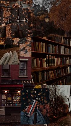 the collage shows many different books on shelves and in front of an old book store