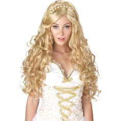 Ancient Greek Clothing Woman, Ancient Greek Clothing, Long Blonde Wig, Greek Goddess Costume, California Costumes, Goddess Costume, Braided Bangs, Golden Goddess, Halloween Costume Accessories