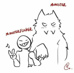 a drawing of a monster and a man with the words monster fluker written on it