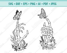 two hands holding flowers and butterflies with the words svg dxf epsp png