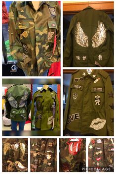 Custom Army Jackets : Made to order  All jackets are new condition Unisex jackets.. All patches are applied using a bonding glue and then iron on, some hand stitch.  All jackets are unisex run 1 size larger than normal jackets.  Dry Clean Only Freestyle jackets $125.00 Customized jackets $150.00 Army Jacket Upcycle, Embellished Camo Jacket, Army Fatigue Jacket, Camo Jacket With Patches, Army Camo Jacket, Vintage Army Jacket, Camp Fashion, Army Clothes, Sparkle Outfit